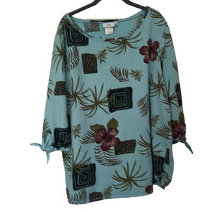 Rolled Hem Light Teal Floral Top 3/4 Sleeves Side Tie 100% Cotton Women’s 2X